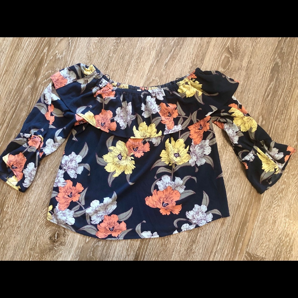 The Impeccable Pig Navy Floral Off Shoulder Top